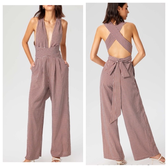 Cider Brown Gingham Plunge V-Neck One Piece Wide Leg Pantsuit Jumpsuit Size XL - Picture 2 of 16